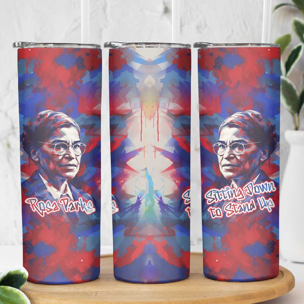 Rosa Parks Skinny Tumbler Red Blue Abstract Art Portrait Sitting Down to Stand Up Quote Civil Rights Tribute - Wonder Print Shop