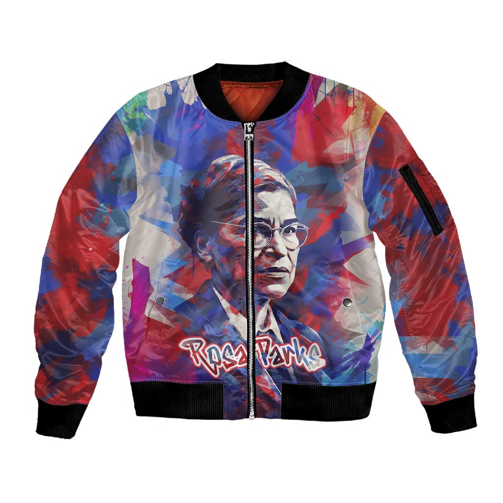 Rosa Parks Sleeve Zip Bomber Jacket Red Blue Abstract Art Portrait Sitting Down to Stand Up Quote Civil Rights Tribute - Wonder Print Shop