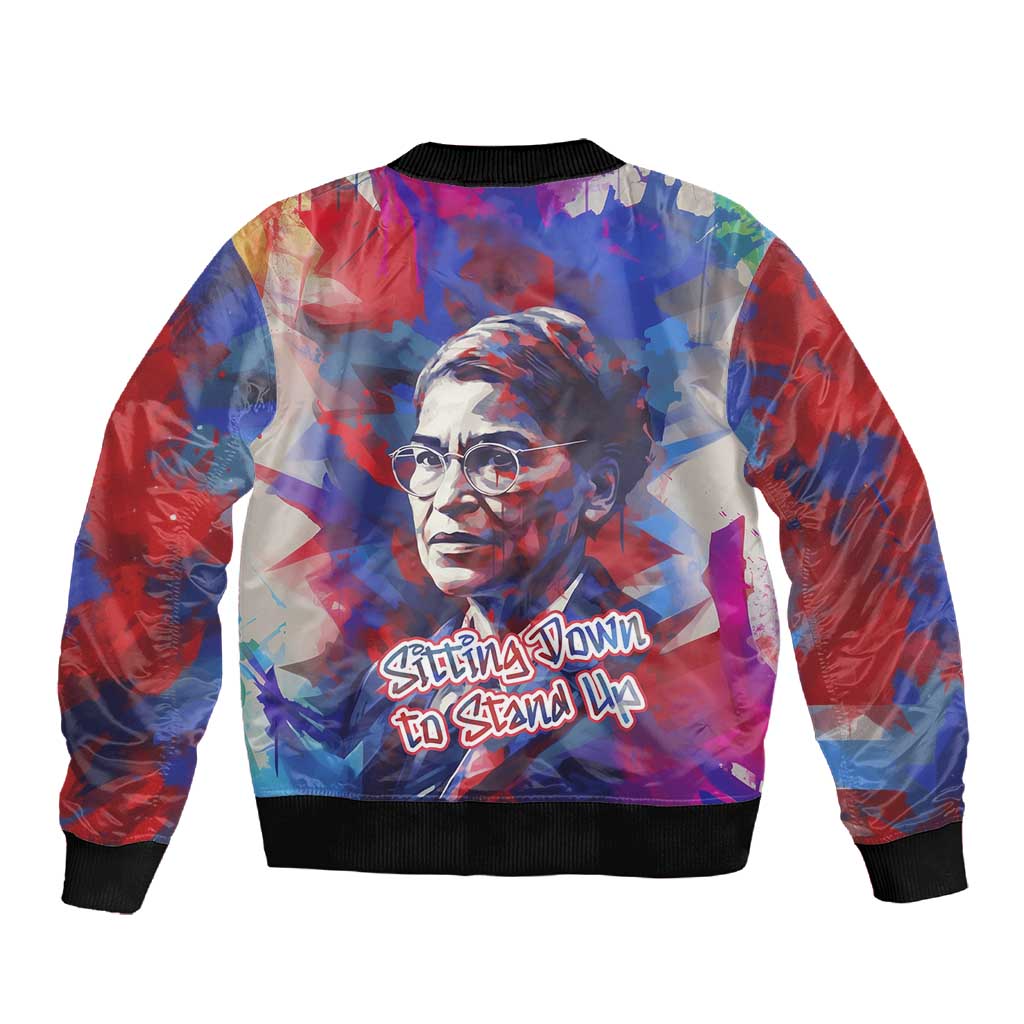 Rosa Parks Sleeve Zip Bomber Jacket Red Blue Abstract Art Portrait Sitting Down to Stand Up Quote Civil Rights Tribute - Wonder Print Shop