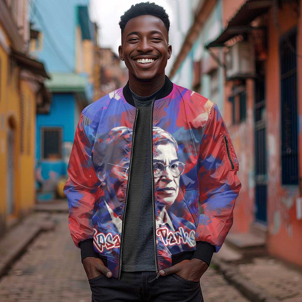 Rosa Parks Sleeve Zip Bomber Jacket Red Blue Abstract Art Portrait Sitting Down to Stand Up Quote Civil Rights Tribute - Wonder Print Shop