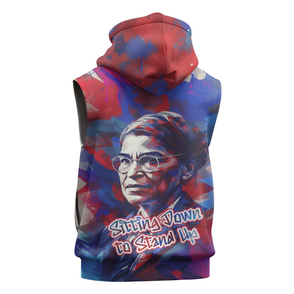 Rosa Parks Sleeveless Hoodie Red Blue Abstract Art Portrait Sitting Down to Stand Up Quote Civil Rights Tribute - Wonder Print Shop