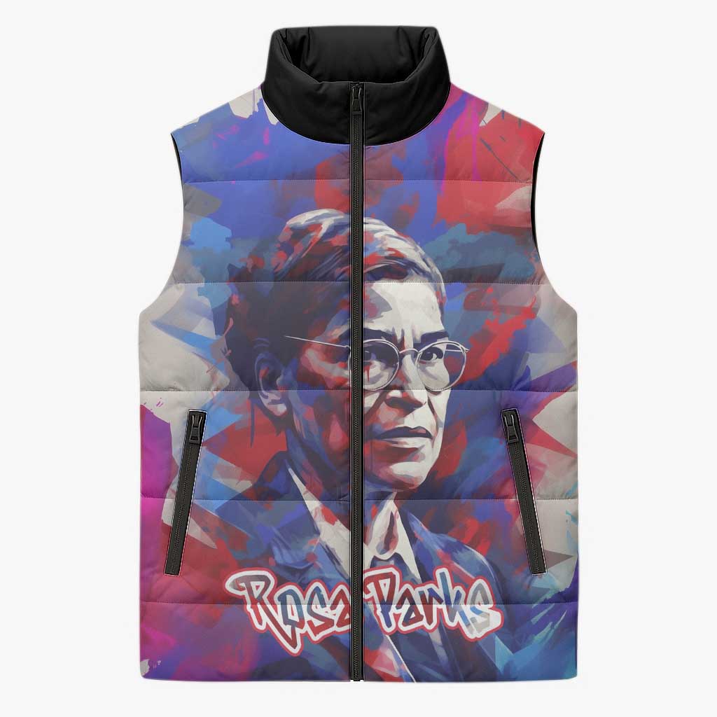 Rosa Parks Sleeveless Puffer Jacket Red Blue Abstract Art Portrait Sitting Down to Stand Up Quote Civil Rights Tribute - Wonder Print Shop