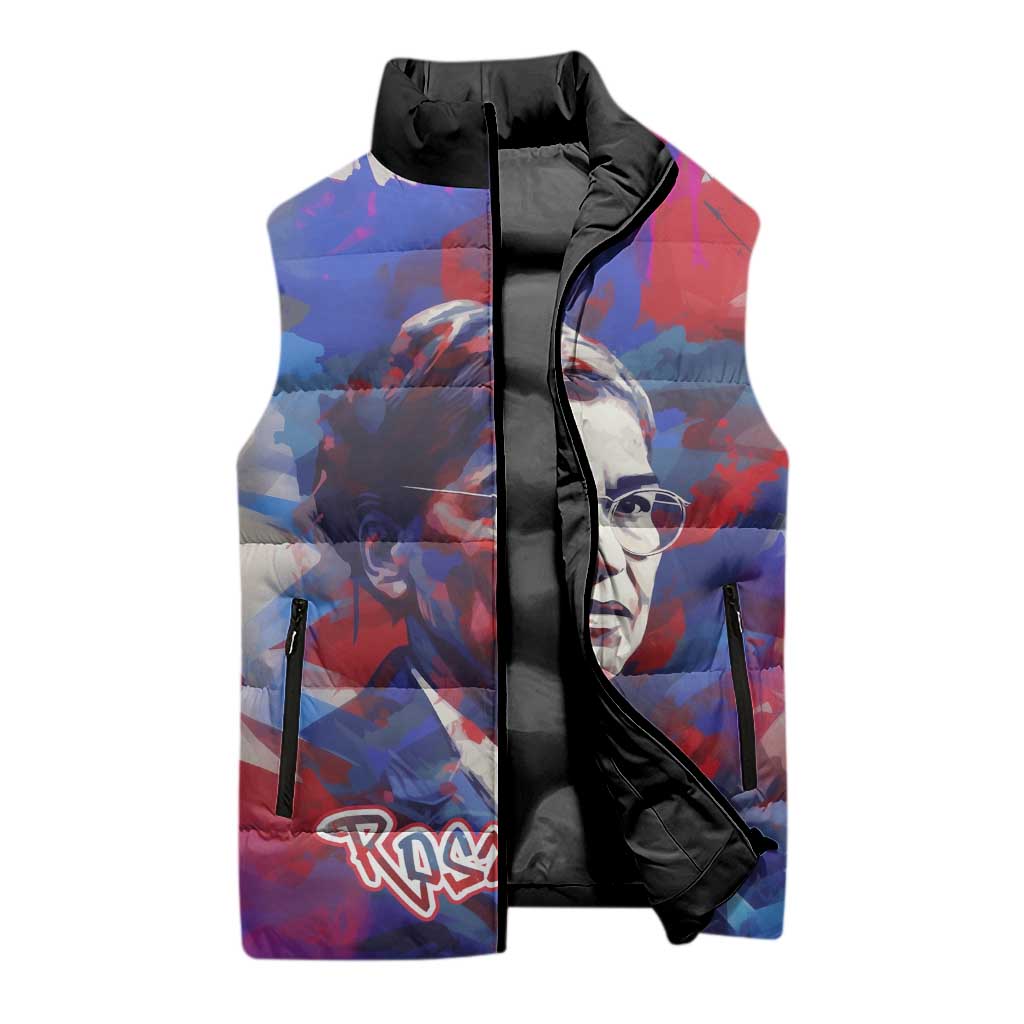 Rosa Parks Sleeveless Puffer Jacket Red Blue Abstract Art Portrait Sitting Down to Stand Up Quote Civil Rights Tribute - Wonder Print Shop