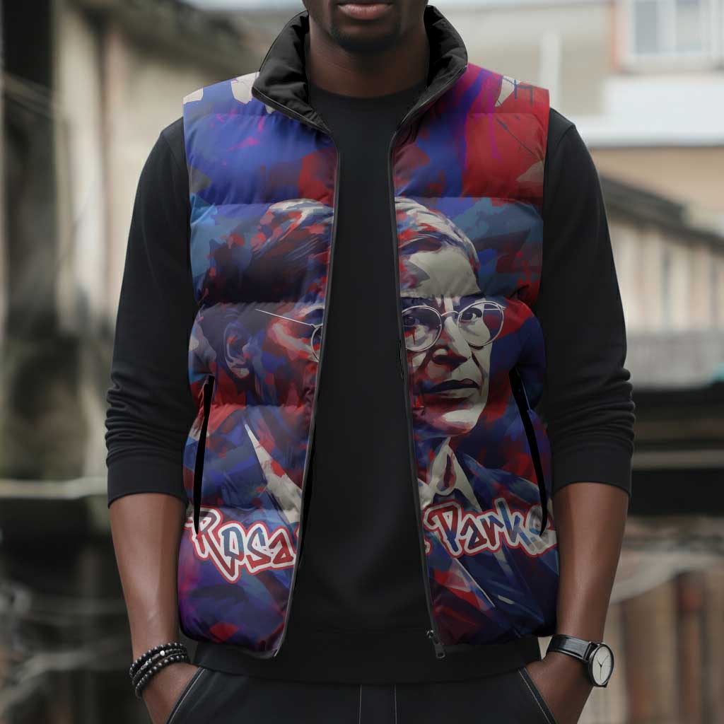 Rosa Parks Sleeveless Puffer Jacket Red Blue Abstract Art Portrait Sitting Down to Stand Up Quote Civil Rights Tribute - Wonder Print Shop