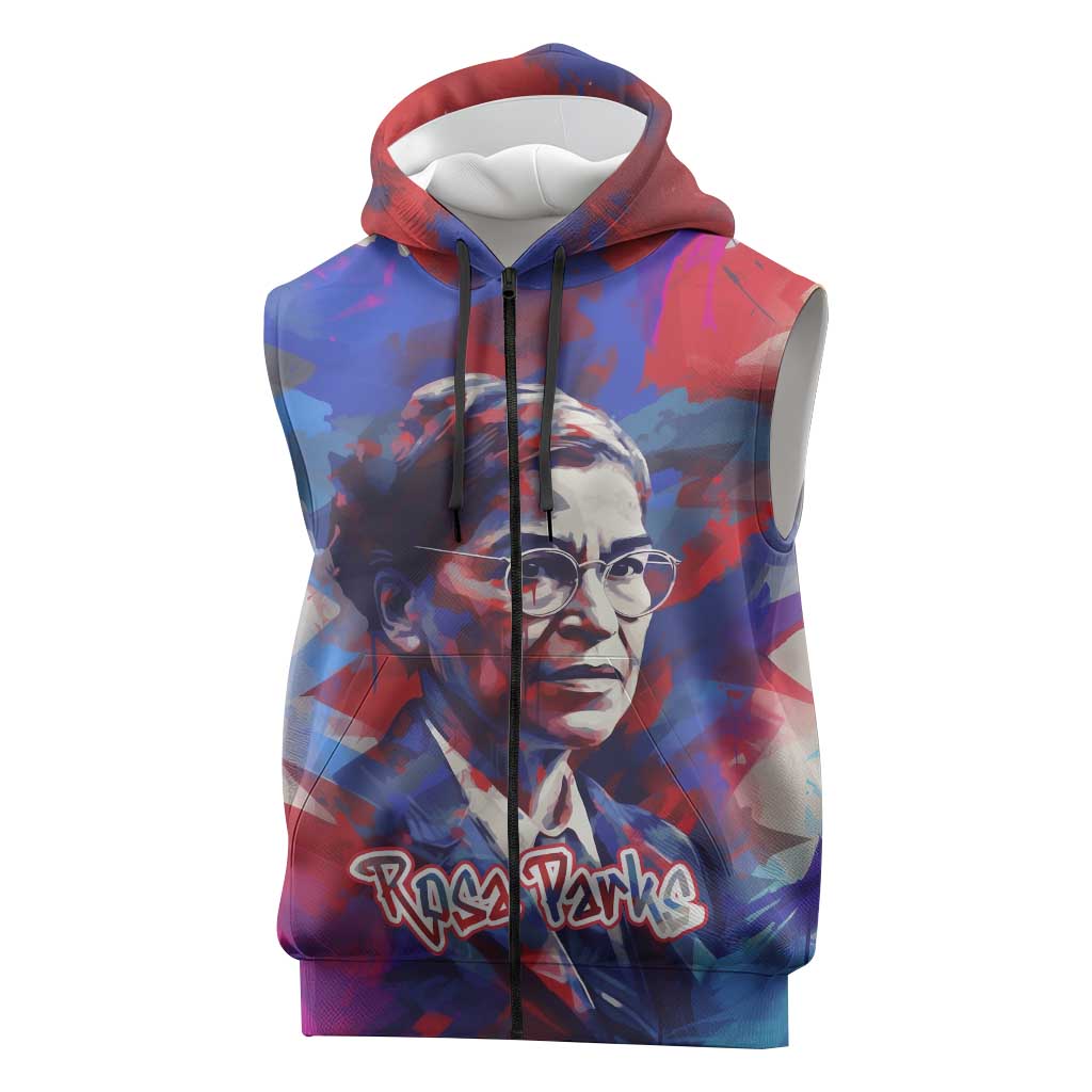 Rosa Parks Sleeveless Zip Hoodie Red Blue Abstract Art Portrait Sitting Down to Stand Up Quote Civil Rights Tribute - Wonder Print Shop