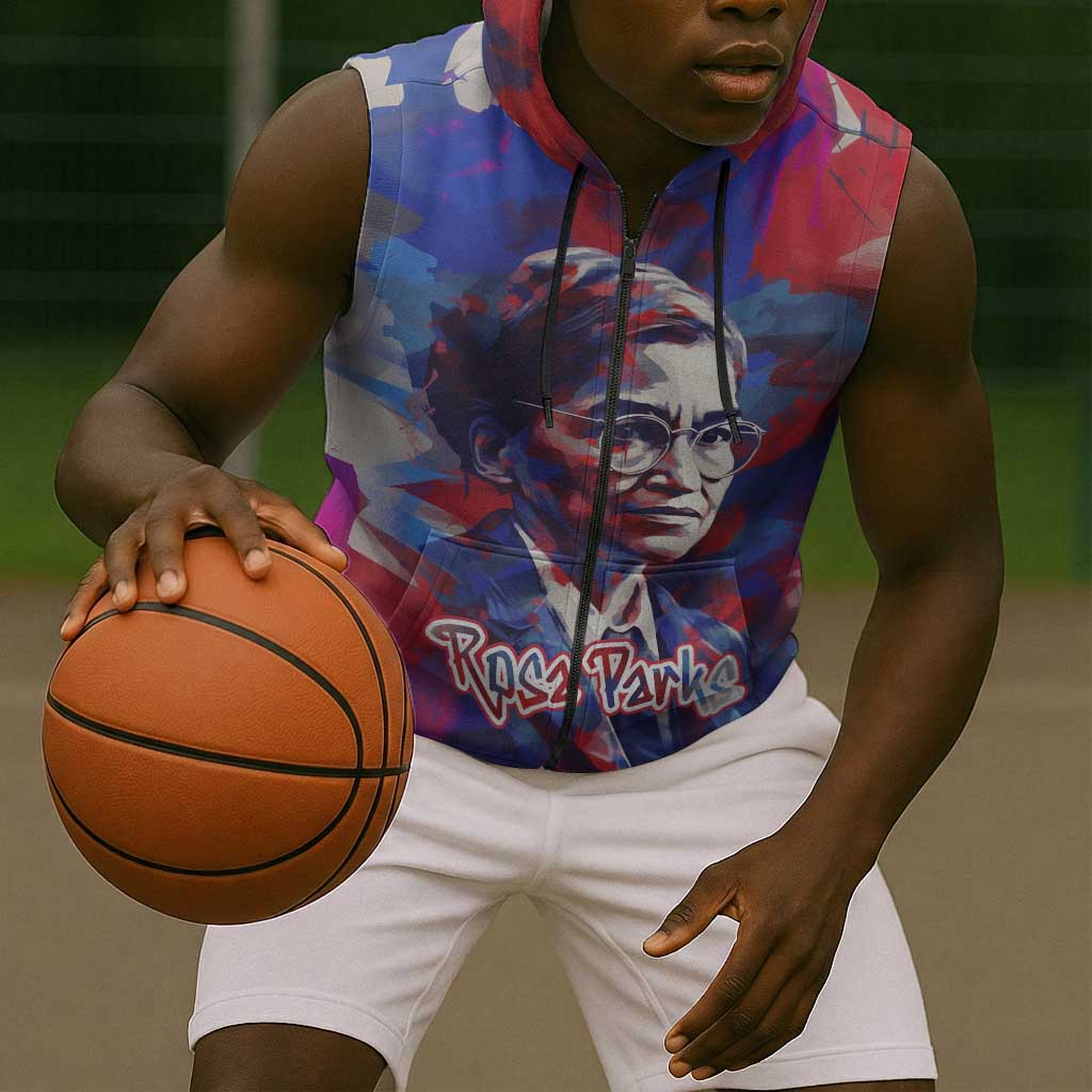 Rosa Parks Sleeveless Zip Hoodie Red Blue Abstract Art Portrait Sitting Down to Stand Up Quote Civil Rights Tribute - Wonder Print Shop