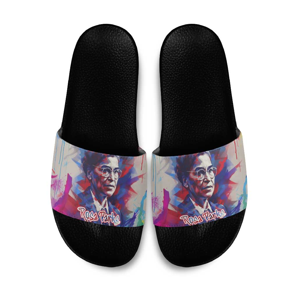 Rosa Parks Slide Sandals Red Blue Abstract Art Portrait Sitting Down to Stand Up Quote Civil Rights Tribute - Wonder Print Shop