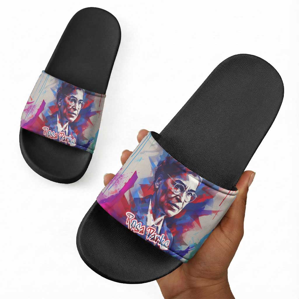 Rosa Parks Slide Sandals Red Blue Abstract Art Portrait Sitting Down to Stand Up Quote Civil Rights Tribute - Wonder Print Shop