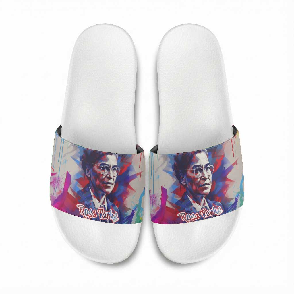 Rosa Parks Slide Sandals Red Blue Abstract Art Portrait Sitting Down to Stand Up Quote Civil Rights Tribute - Wonder Print Shop