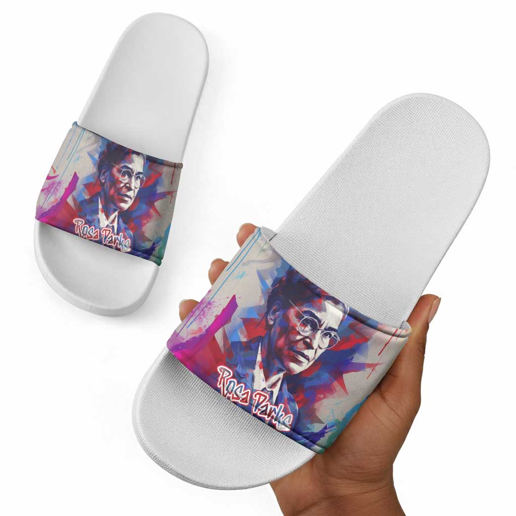 Rosa Parks Slide Sandals Red Blue Abstract Art Portrait Sitting Down to Stand Up Quote Civil Rights Tribute - Wonder Print Shop