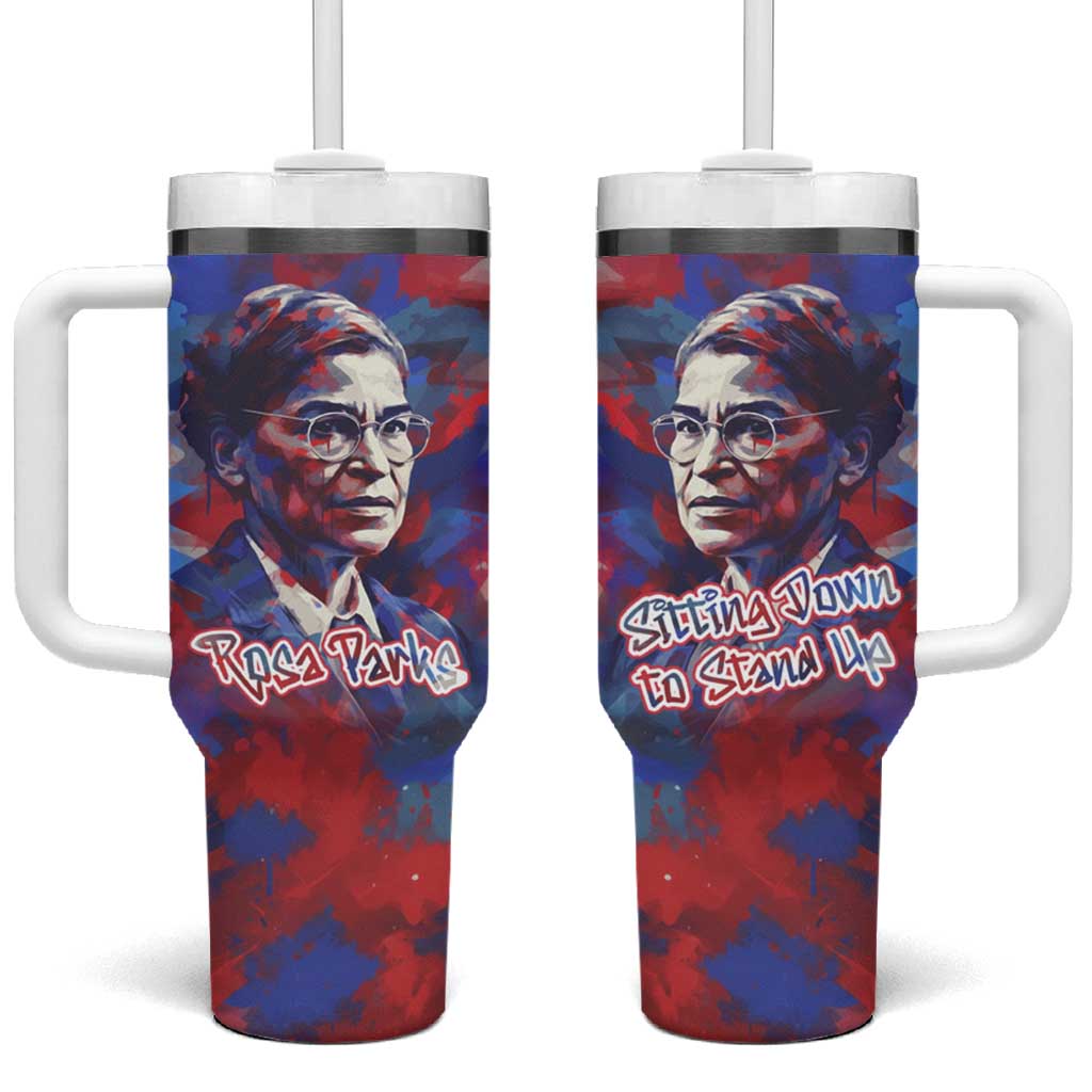 Rosa Parks Tumbler With Handle Red Blue Abstract Art Portrait Sitting Down to Stand Up Quote Civil Rights Tribute - Wonder Print Shop