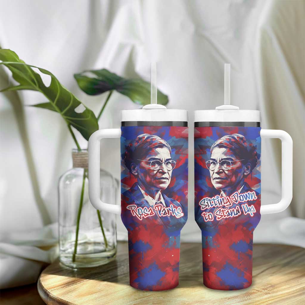Rosa Parks Tumbler With Handle Red Blue Abstract Art Portrait Sitting Down to Stand Up Quote Civil Rights Tribute - Wonder Print Shop