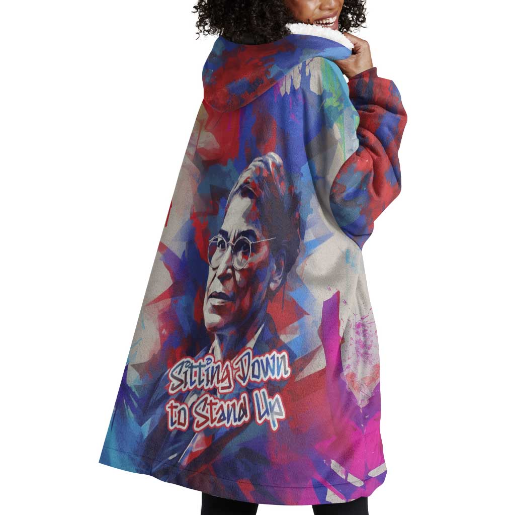 Rosa Parks Wearable Blanket Hoodie Red Blue Abstract Art Portrait Sitting Down to Stand Up Quote Civil Rights Tribute - Wonder Print Shop