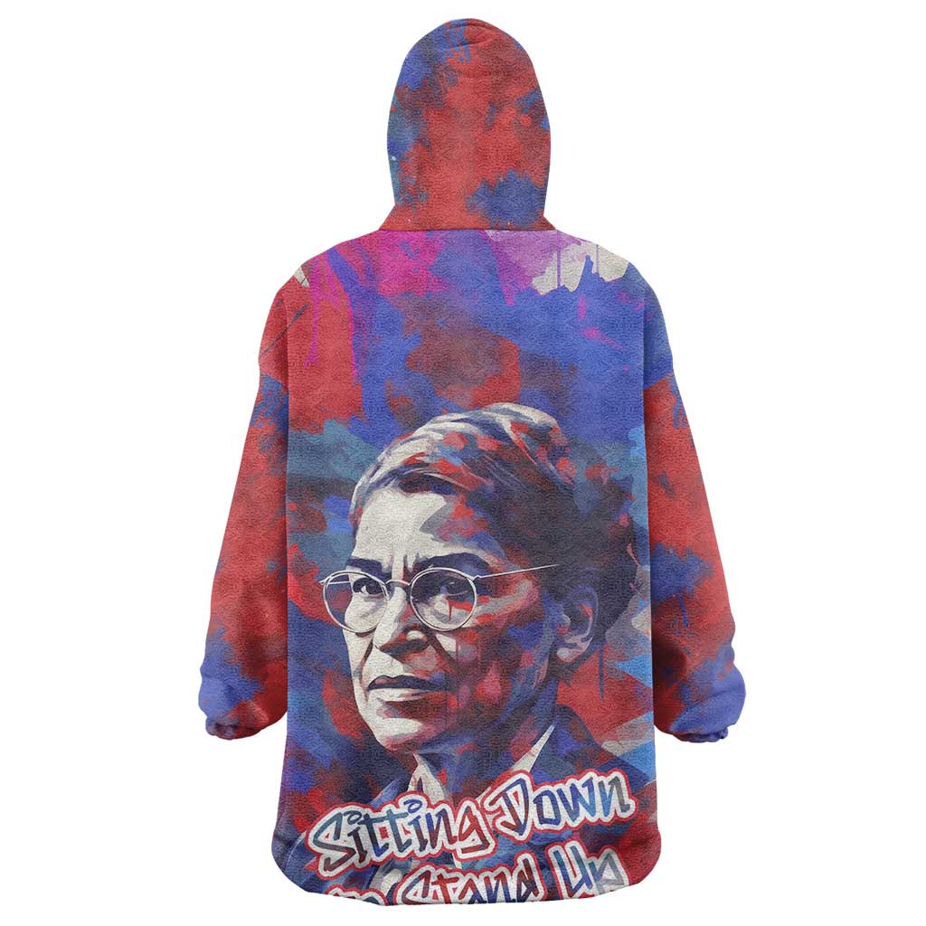 Rosa Parks Wearable Blanket Hoodie Red Blue Abstract Art Portrait Sitting Down to Stand Up Quote Civil Rights Tribute - Wonder Print Shop