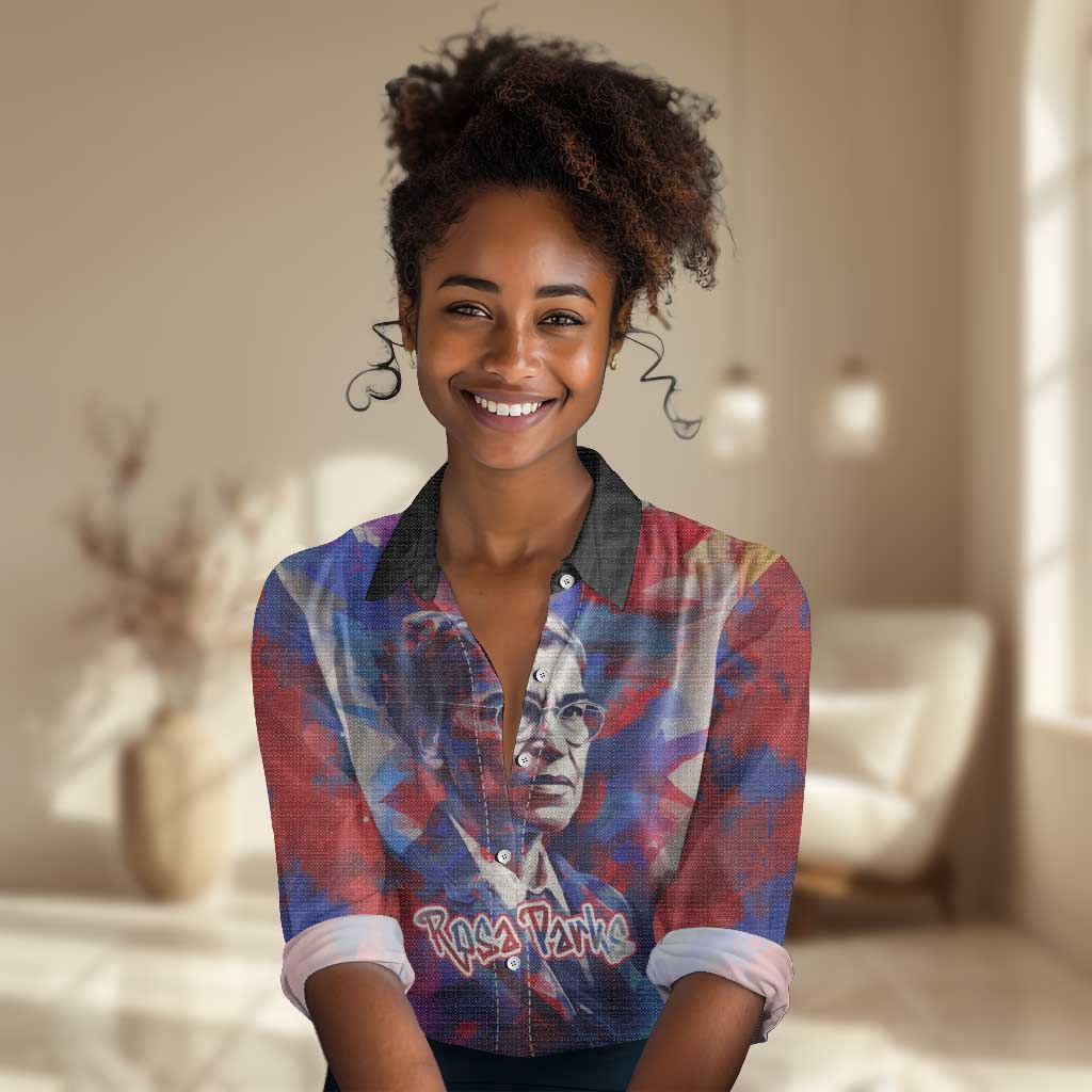 Rosa Parks Women Casual Shirt Red Blue Abstract Art Portrait Sitting Down to Stand Up Quote Civil Rights Tribute - Wonder Print Shop