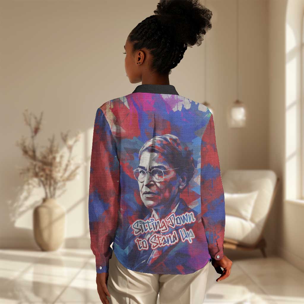 Rosa Parks Women Casual Shirt Red Blue Abstract Art Portrait Sitting Down to Stand Up Quote Civil Rights Tribute - Wonder Print Shop