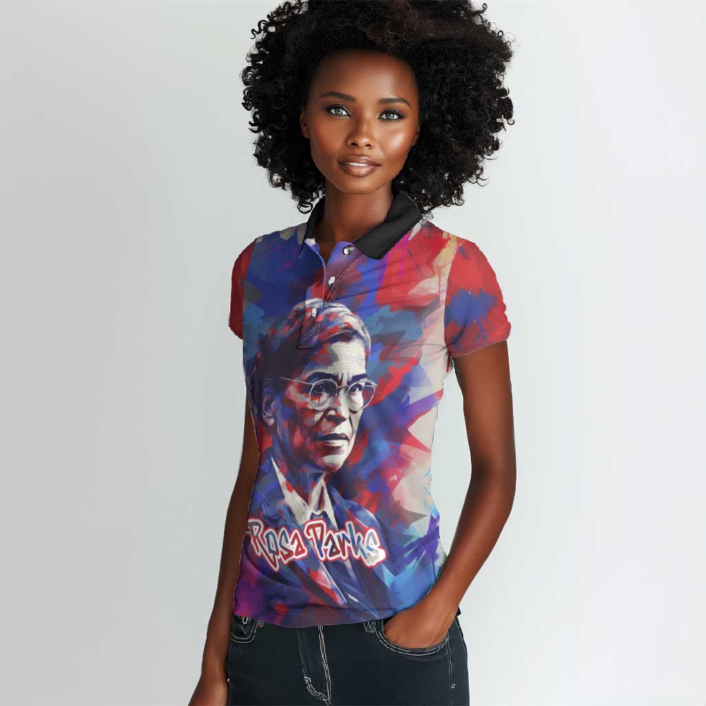 Rosa Parks Women Polo Shirt Red Blue Abstract Art Portrait Sitting Down to Stand Up Quote Civil Rights Tribute TS04