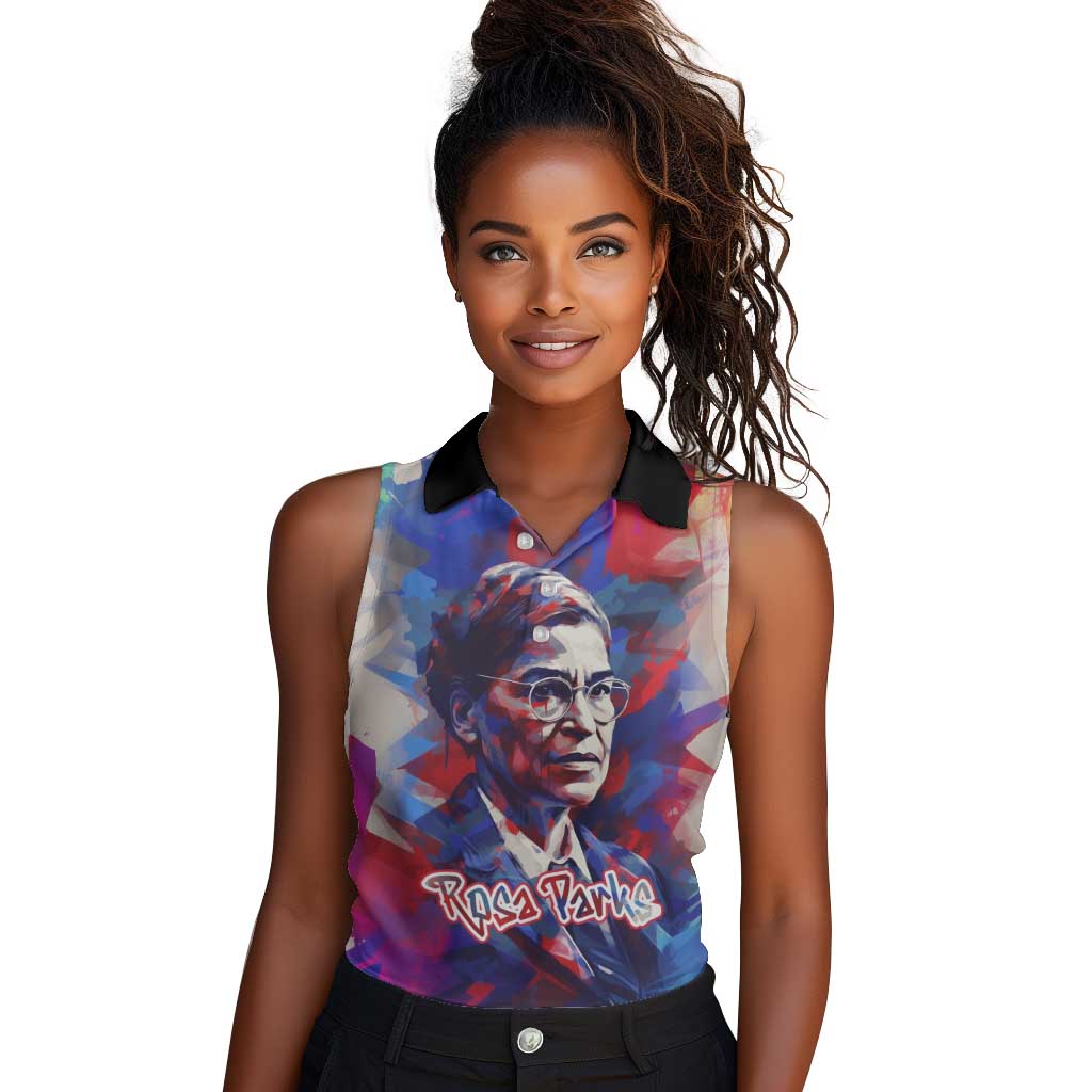Rosa Parks Women Sleeveless Polo Shirt Red Blue Abstract Art Portrait Sitting Down to Stand Up Quote Civil Rights Tribute - Wonder Print Shop