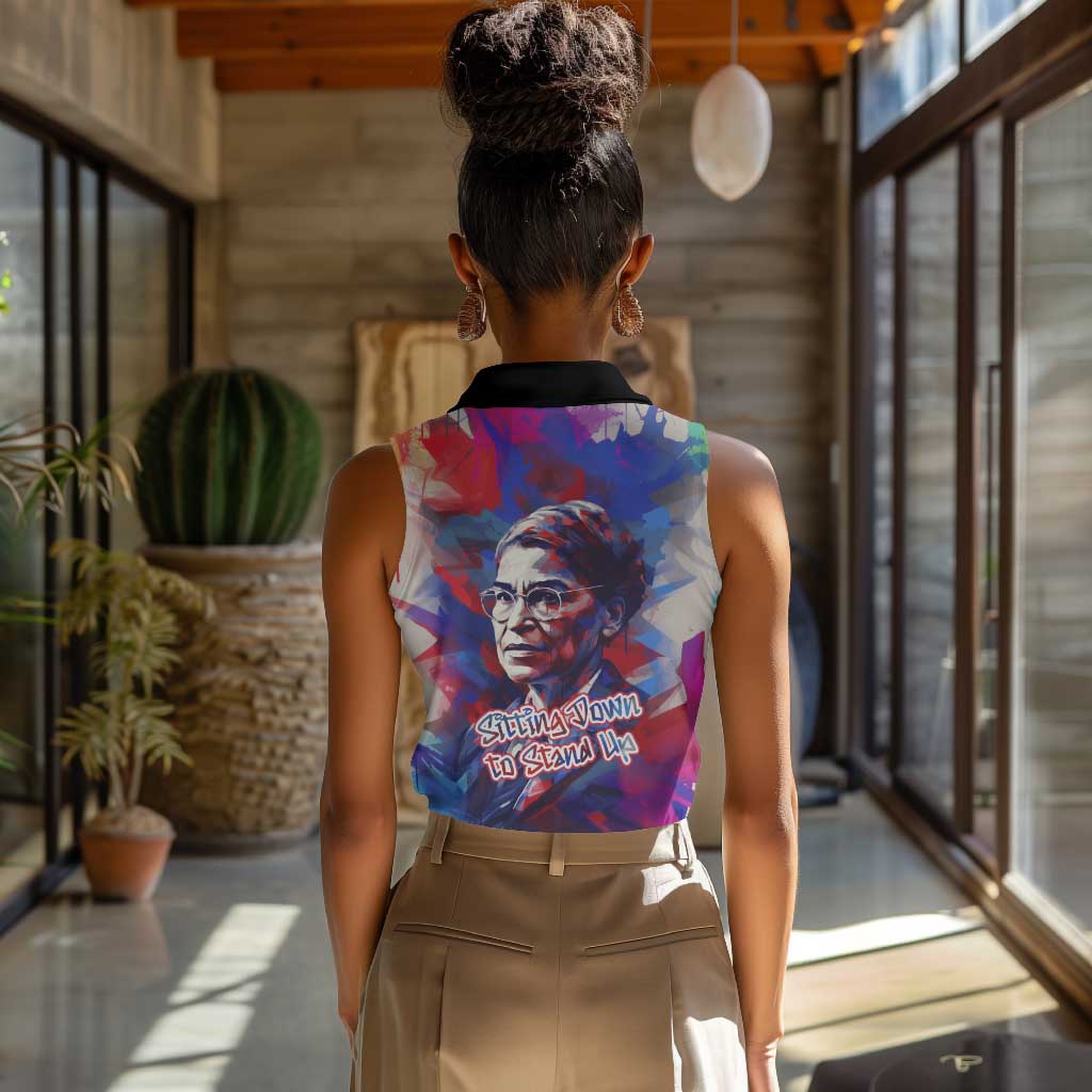 Rosa Parks Women Sleeveless Polo Shirt Red Blue Abstract Art Portrait Sitting Down to Stand Up Quote Civil Rights Tribute - Wonder Print Shop