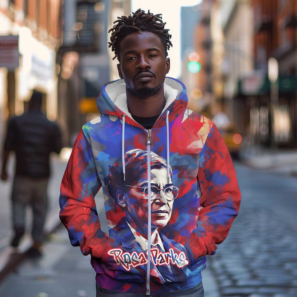 Rosa Parks Zip Hoodie Red Blue Abstract Art Portrait Sitting Down to Stand Up Quote Civil Rights Tribute - Wonder Print Shop