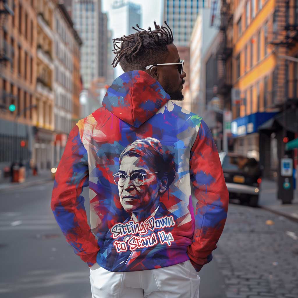 Rosa Parks Zip Hoodie Red Blue Abstract Art Portrait Sitting Down to Stand Up Quote Civil Rights Tribute - Wonder Print Shop