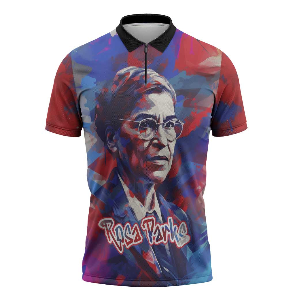 Rosa Parks Zipper Polo Shirt Red Blue Abstract Art Portrait Sitting Down to Stand Up Quote Civil Rights Tribute - Wonder Print Shop