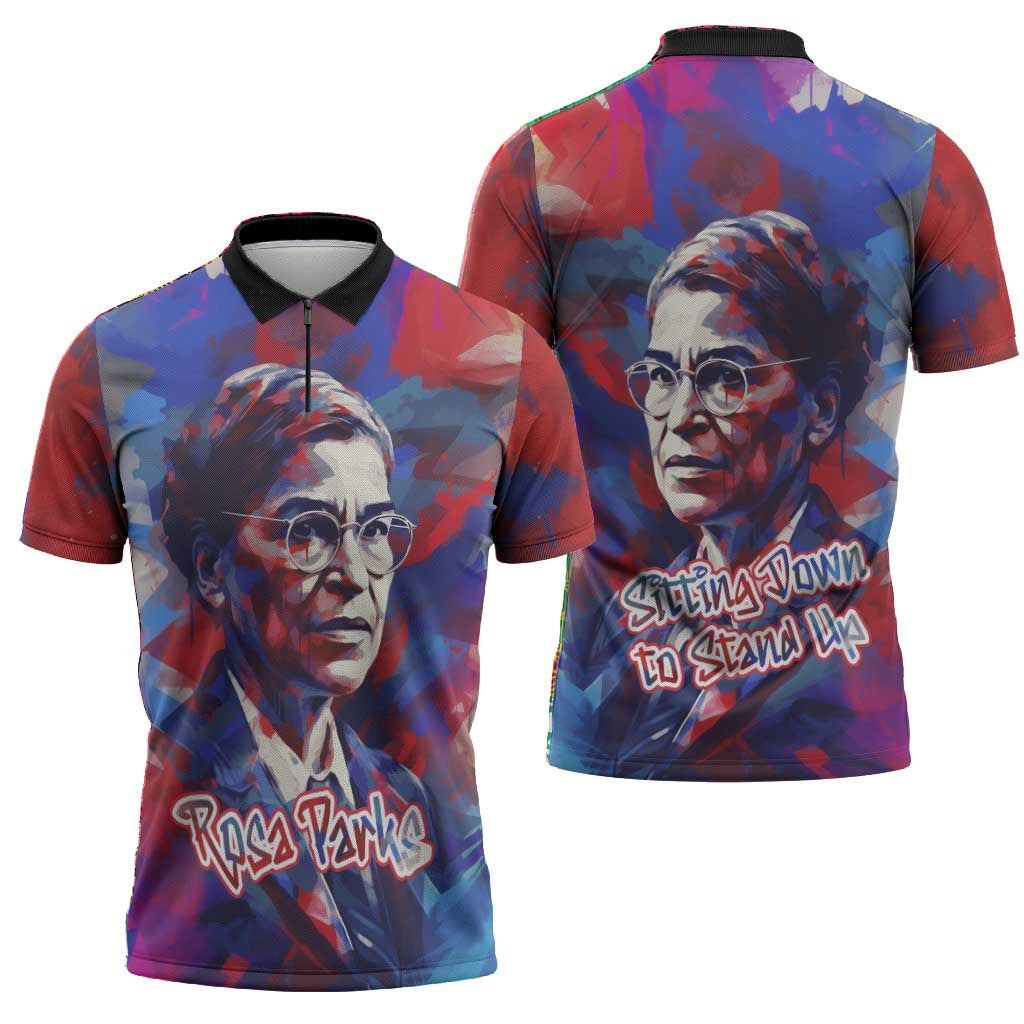 Rosa Parks Zipper Polo Shirt Red Blue Abstract Art Portrait Sitting Down to Stand Up Quote Civil Rights Tribute - Wonder Print Shop