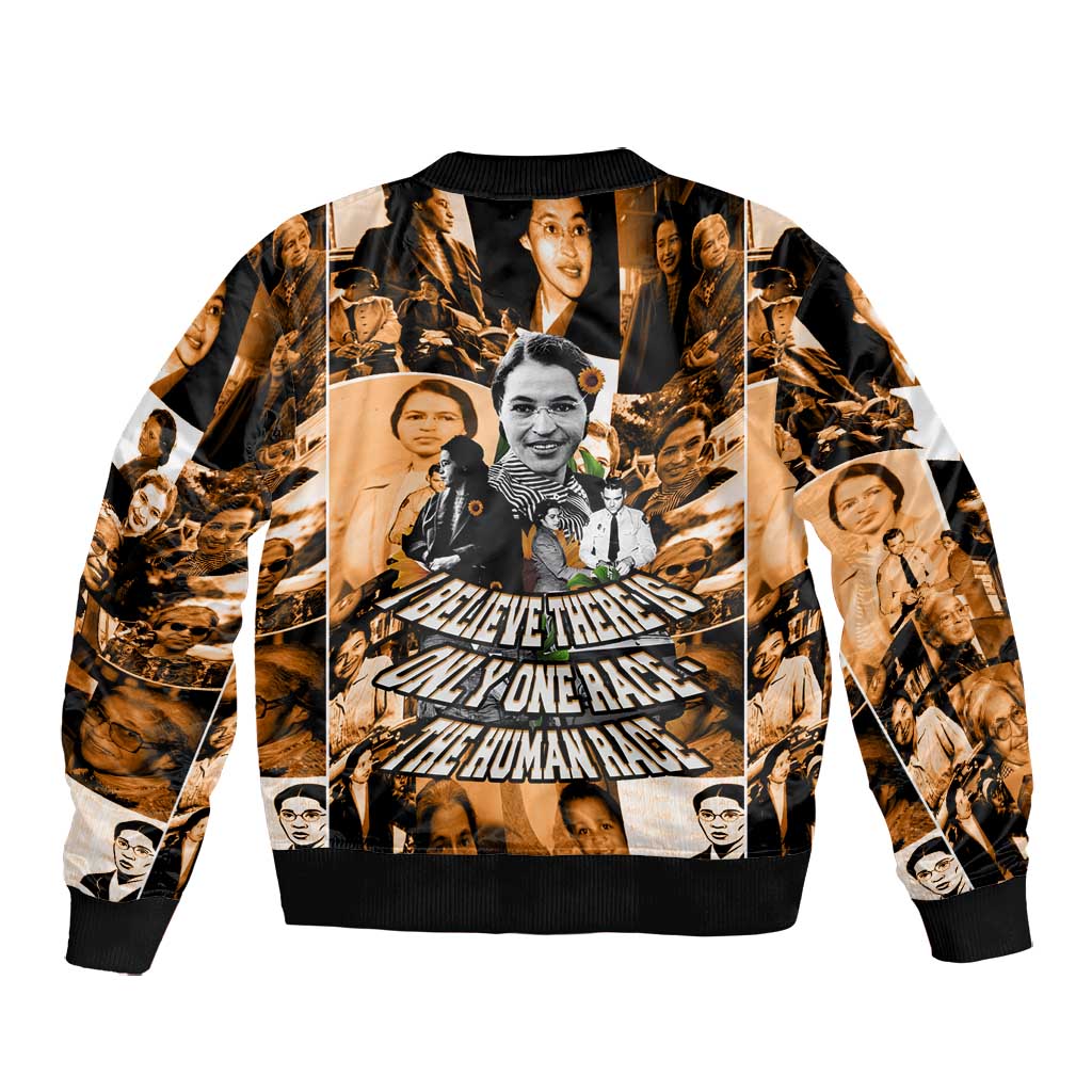 Rosa Parks Bomber Jacket Sepia Collage Design Civil Rights Icon I Believe There Is Only One Race Quote - Wonder Print Shop