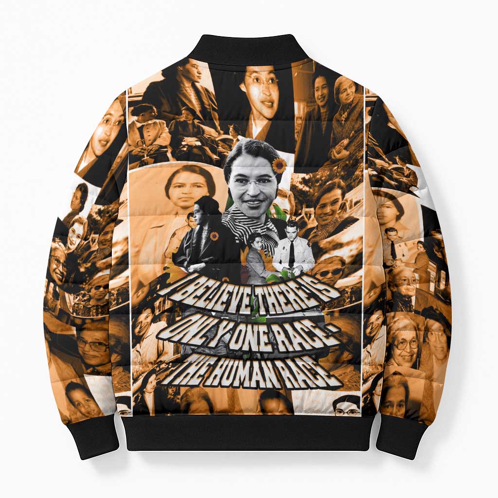 Rosa Parks Bomber Puffer Jacket Sepia Collage Design Civil Rights Icon I Believe There Is Only One Race Quote - Wonder Print Shop