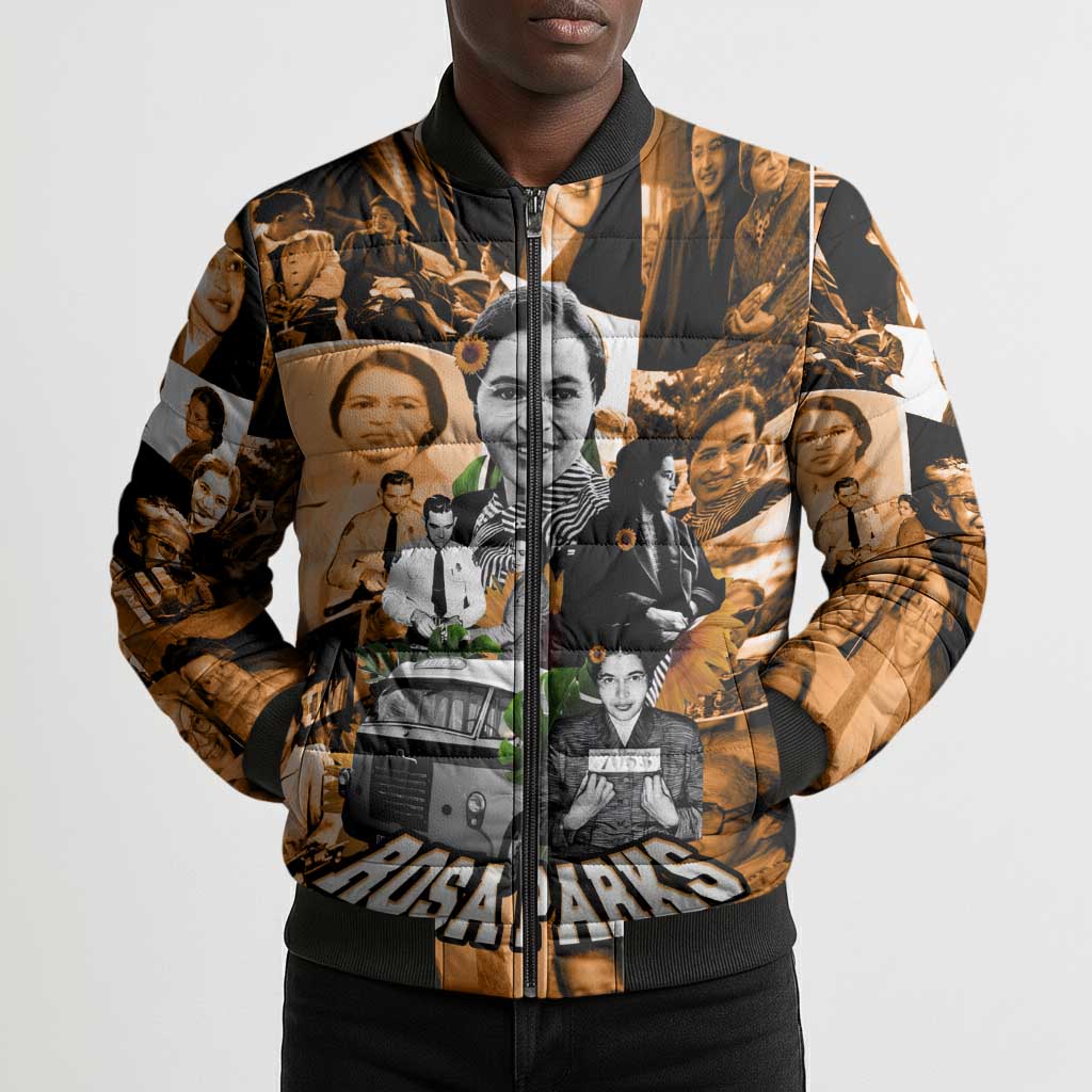 Rosa Parks Bomber Puffer Jacket Sepia Collage Design Civil Rights Icon I Believe There Is Only One Race Quote - Wonder Print Shop