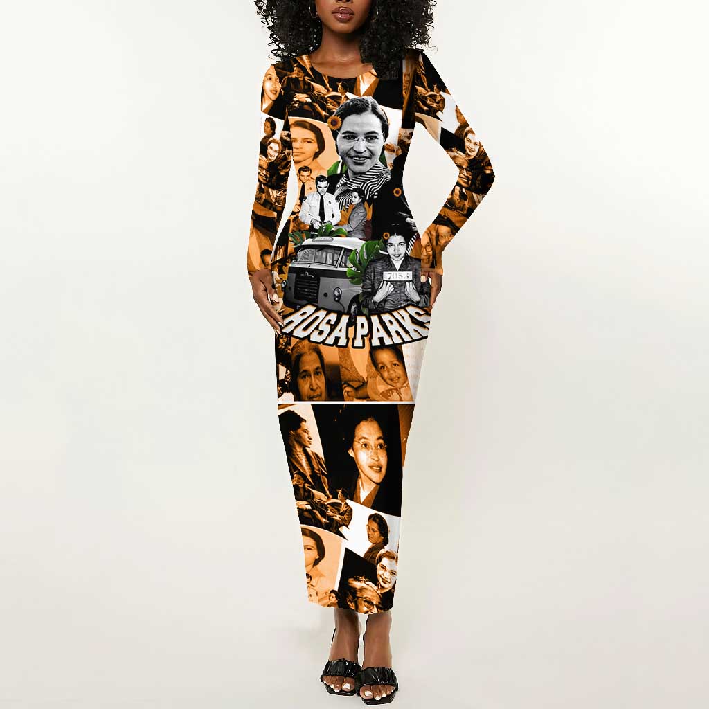 Rosa Parks Long Sleeve Bodycon Dress Sepia Collage Design Civil Rights Icon I Believe There Is Only One Race Quote - Wonder Print Shop