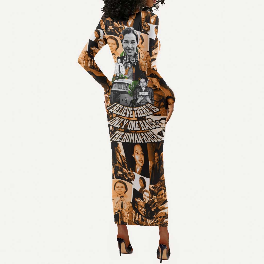 Rosa Parks Long Sleeve Bodycon Dress Sepia Collage Design Civil Rights Icon I Believe There Is Only One Race Quote - Wonder Print Shop