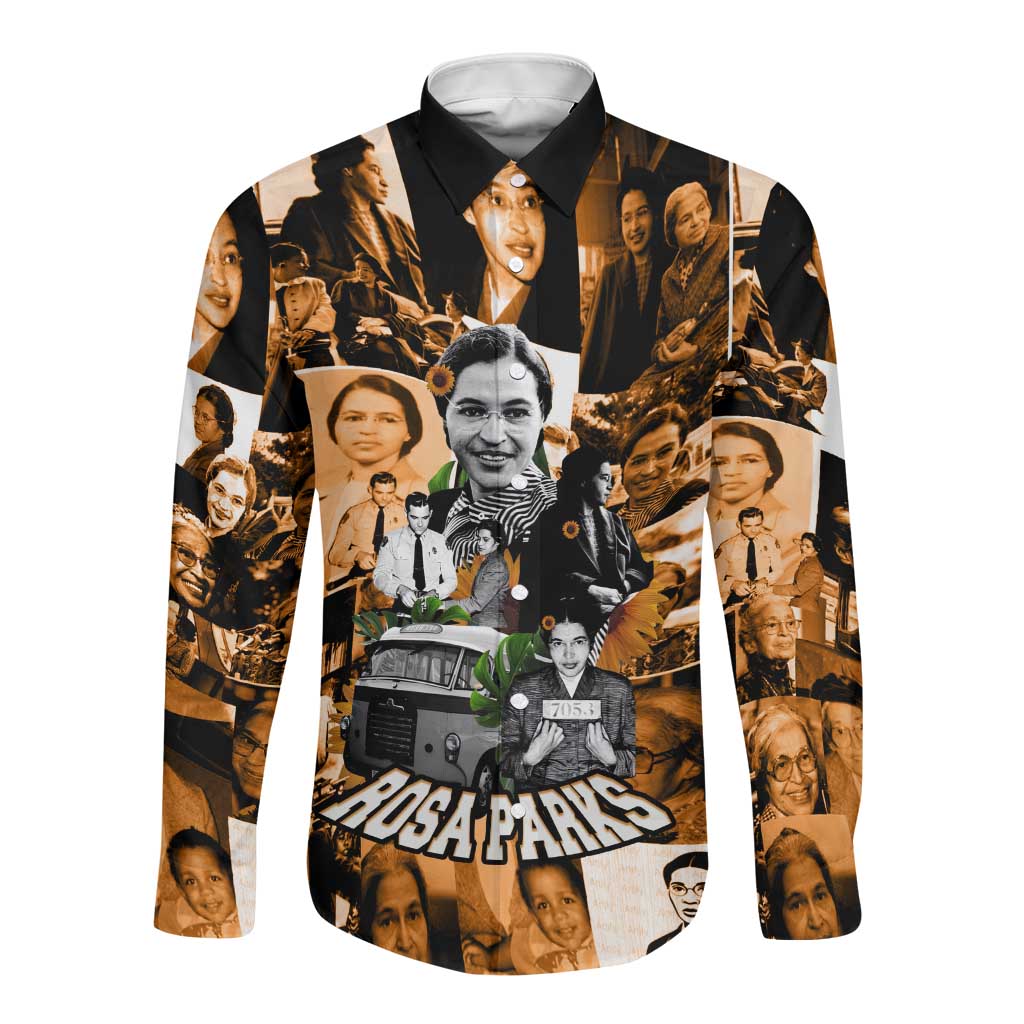 Rosa Parks Long Sleeve Button Shirt Sepia Collage Design Civil Rights Icon I Believe There Is Only One Race Quote - Wonder Print Shop