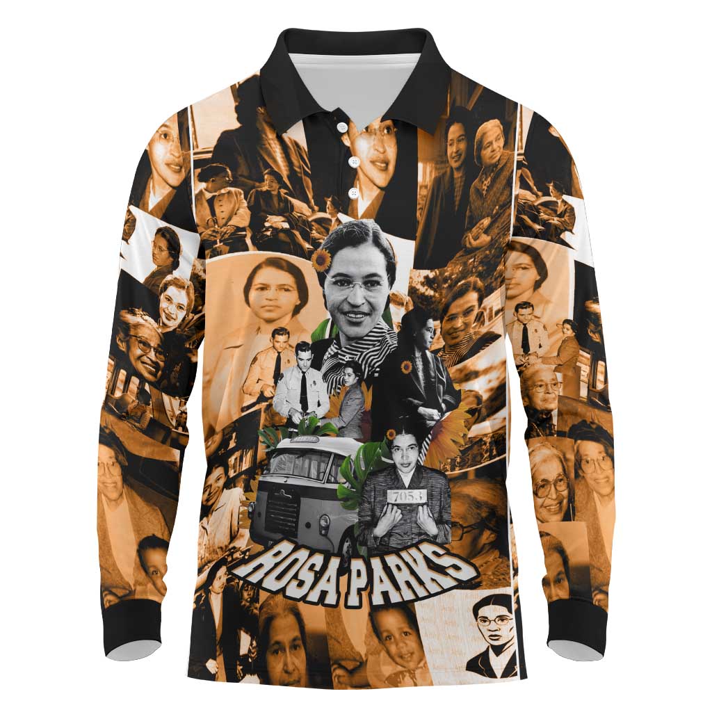 Rosa Parks Long Sleeve Polo Shirt Sepia Collage Design Civil Rights Icon I Believe There Is Only One Race Quote - Wonder Print Shop
