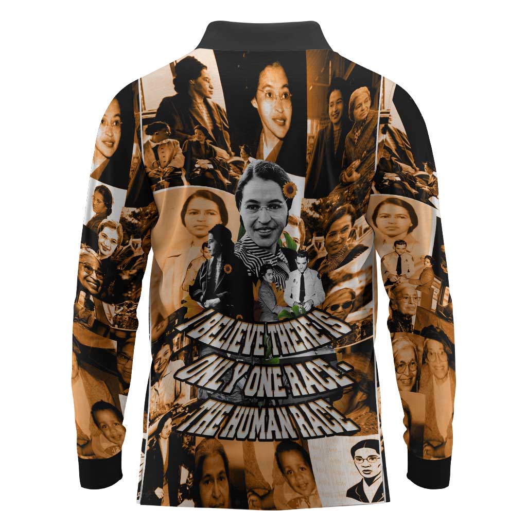 Rosa Parks Long Sleeve Polo Shirt Sepia Collage Design Civil Rights Icon I Believe There Is Only One Race Quote - Wonder Print Shop