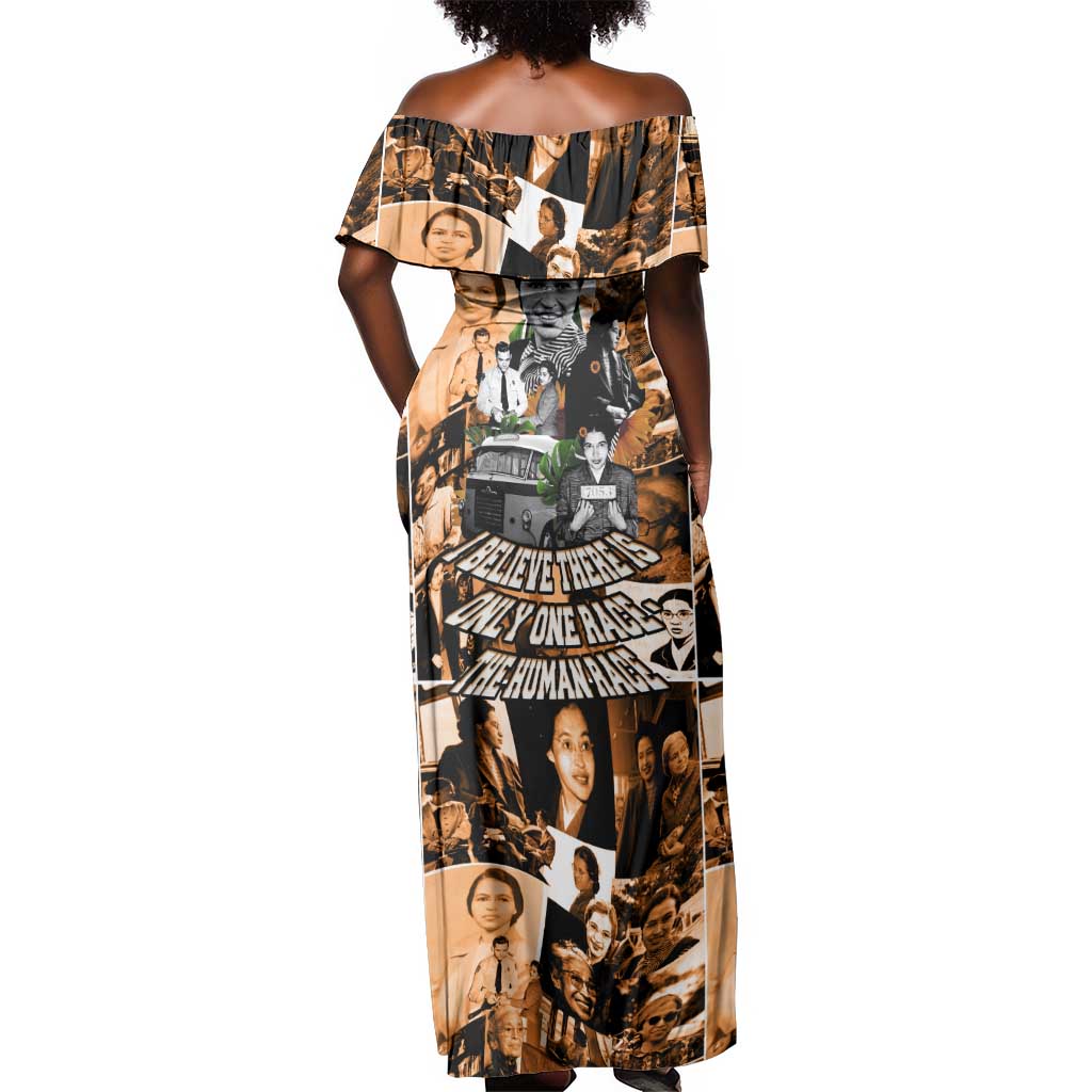 Rosa Parks Off Shoulder Maxi Dress Sepia Collage Design Civil Rights Icon I Believe There Is Only One Race Quote - Wonder Print Shop