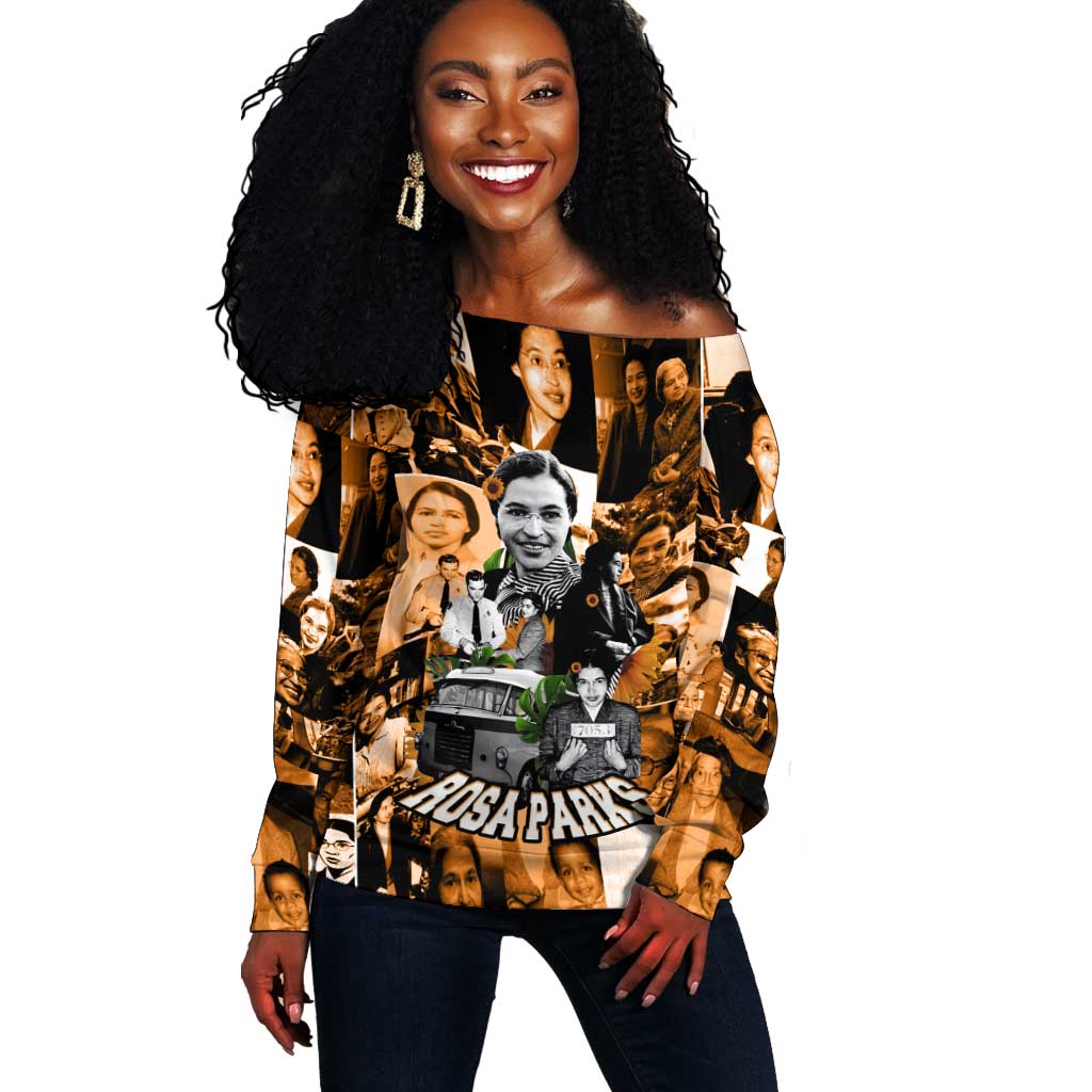 Rosa Parks Off Shoulder Sweater Sepia Collage Design Civil Rights Icon I Believe There Is Only One Race Quote - Wonder Print Shop