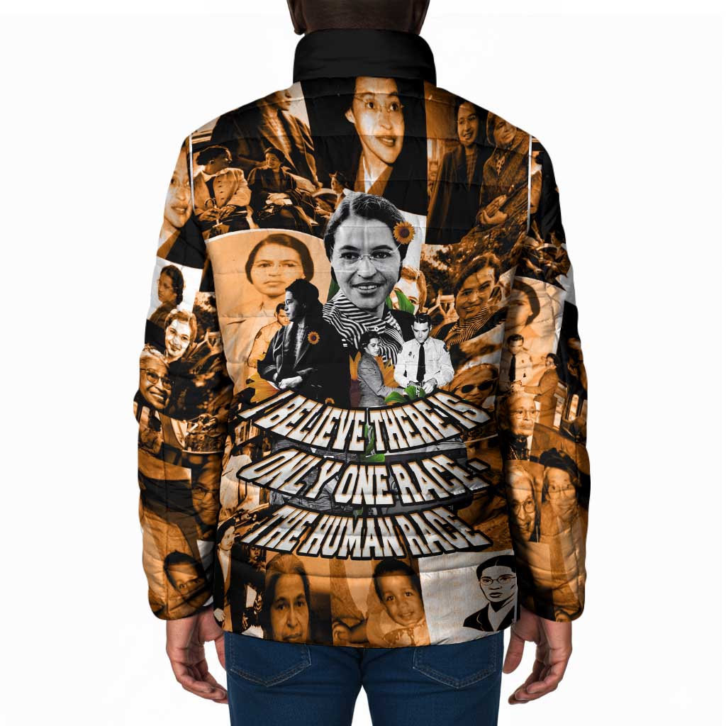Rosa Parks Padded Jacket Sepia Collage Design Civil Rights Icon I Believe There Is Only One Race Quote - Wonder Print Shop