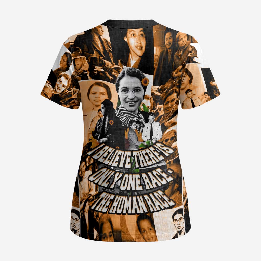 Rosa Parks Scrub Top Sepia Collage Design Civil Rights Icon I Believe There Is Only One Race Quote - Wonder Print Shop