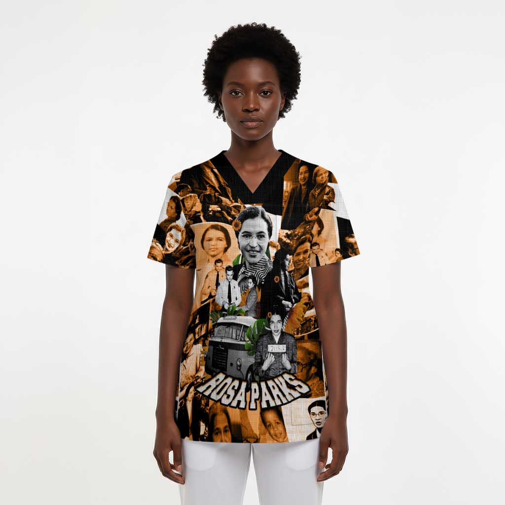 Rosa Parks Scrub Top Sepia Collage Design Civil Rights Icon I Believe There Is Only One Race Quote - Wonder Print Shop