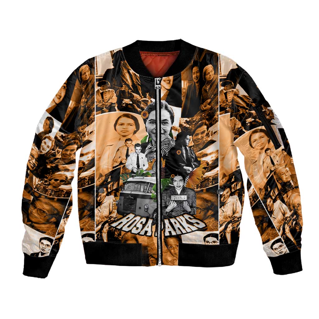 Rosa Parks Sleeve Zip Bomber Jacket Sepia Collage Design Civil Rights Icon I Believe There Is Only One Race Quote - Wonder Print Shop
