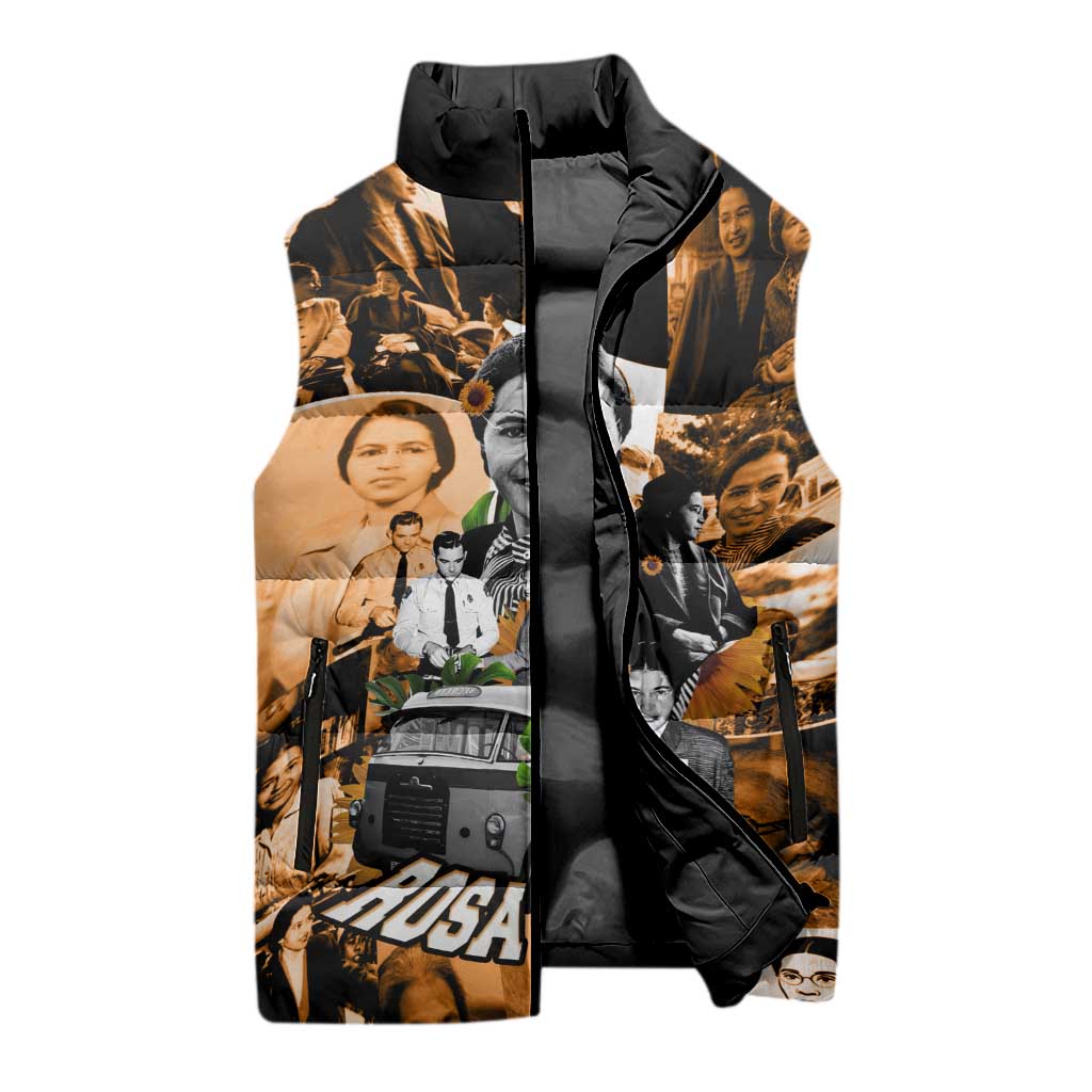 Rosa Parks Sleeveless Puffer Jacket Sepia Collage Design Civil Rights Icon I Believe There Is Only One Race Quote - Wonder Print Shop