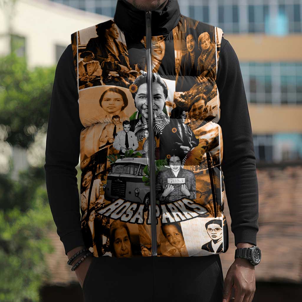 Rosa Parks Sleeveless Puffer Jacket Sepia Collage Design Civil Rights Icon I Believe There Is Only One Race Quote - Wonder Print Shop