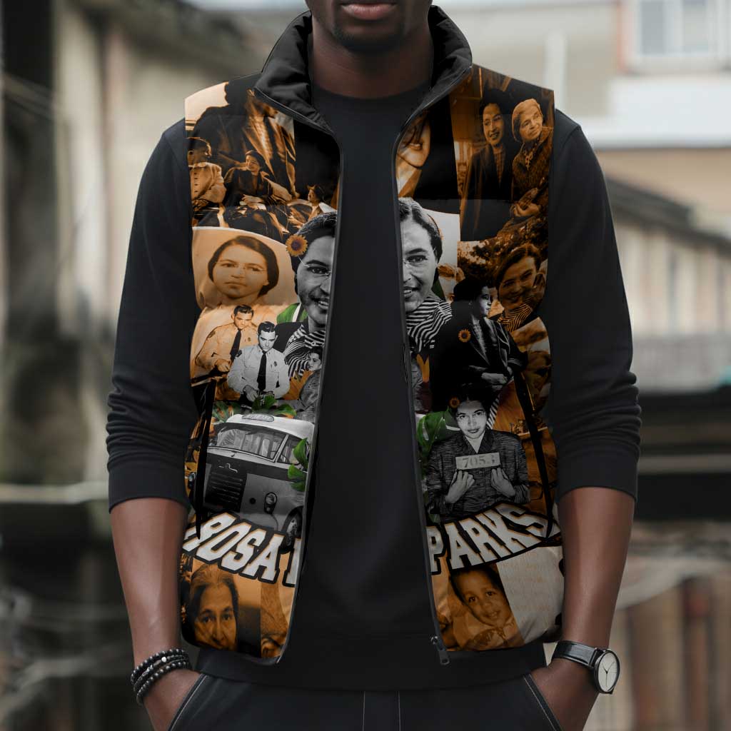 Rosa Parks Sleeveless Puffer Jacket Sepia Collage Design Civil Rights Icon I Believe There Is Only One Race Quote - Wonder Print Shop