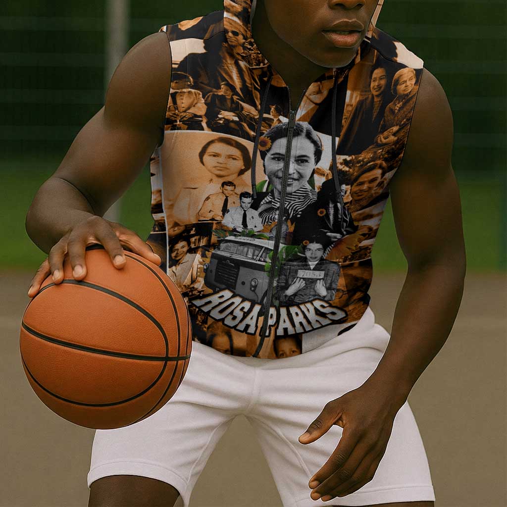 Rosa Parks Sleeveless Zip Hoodie Sepia Collage Design Civil Rights Icon I Believe There Is Only One Race Quote - Wonder Print Shop