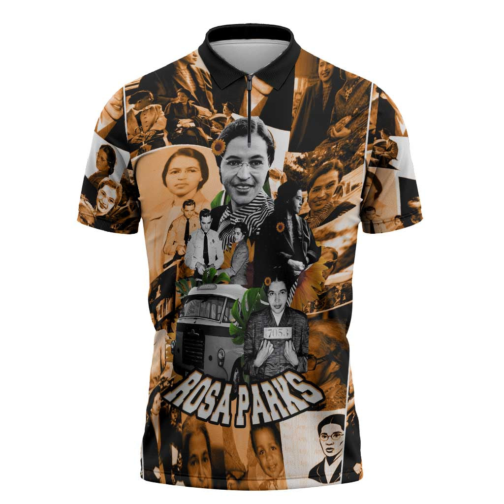 Rosa Parks Zipper Polo Shirt Sepia Collage Design Civil Rights Icon I Believe There Is Only One Race Quote - Wonder Print Shop