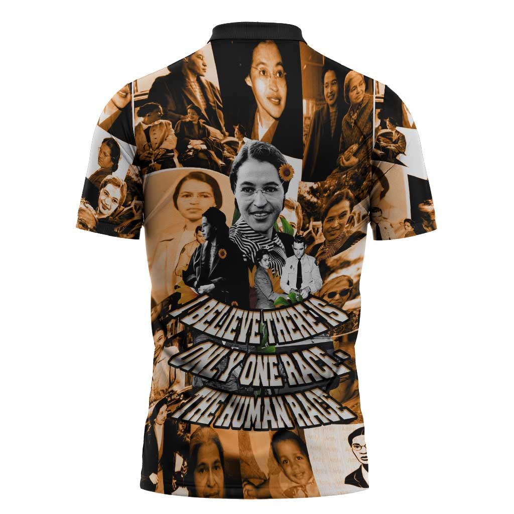 Rosa Parks Zipper Polo Shirt Sepia Collage Design Civil Rights Icon I Believe There Is Only One Race Quote - Wonder Print Shop