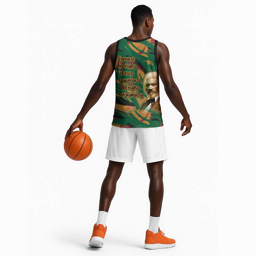Frederick Douglass Basketball Jersey Green Abstract Design Civil Rights Leader Quote on Race and Humanity - Wonder Print Shop