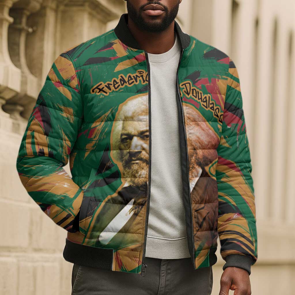 Frederick Douglass Bomber Puffer Jacket Green Abstract Design Civil Rights Leader Quote on Race and Humanity - Wonder Print Shop