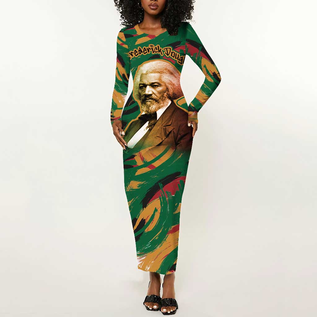 Frederick Douglass Long Sleeve Bodycon Dress Green Abstract Design Civil Rights Leader Quote on Race and Humanity - Wonder Print Shop